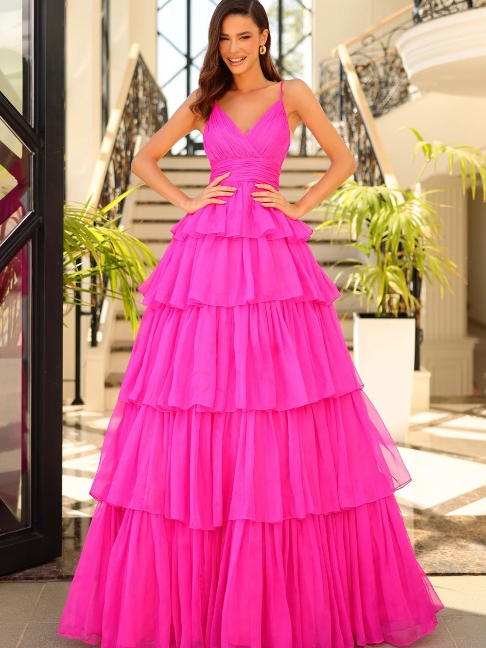 Amarra 88878 Layered Neon Pink Gown size 8